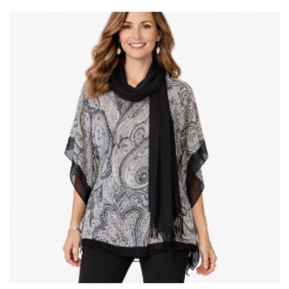 Talbots Paisley Poncho Top Black White‎ Sheer V-Neck Kaftan SM SM/MD ethereal